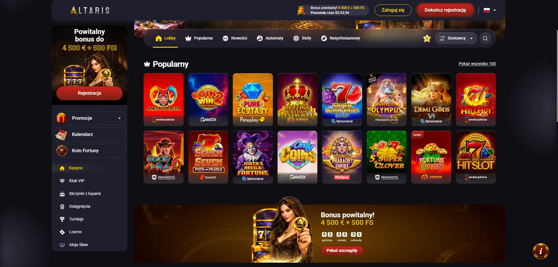 Altaris Casino pakiet powitalny – sloty i gry z bonusem